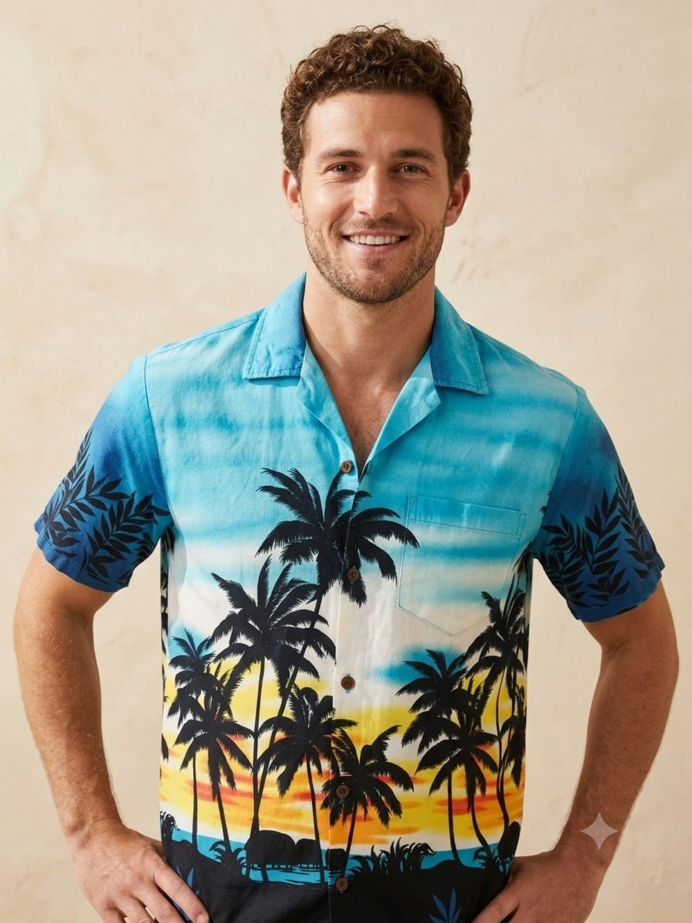 Aloha Republic Made in Hawaii Sunset Palm Tree Short Sleeve Button Up Shirt S